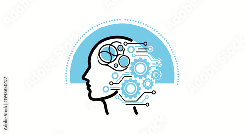 Abstract illustration of the human head with gears and circuits representing AI and technology.