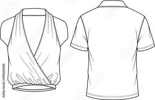 Technical CAD Drawing Flat Vector Illustration of a Women's Sleeveless Wrap Halter Top and a Men's Short Sleeve Polo Shirt