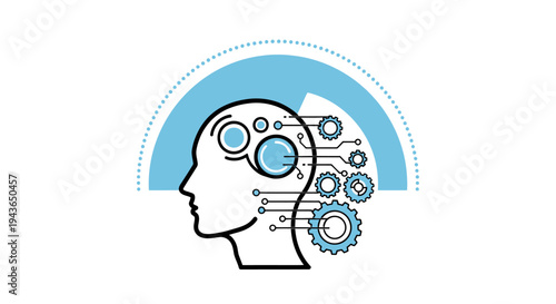 Conceptual illustration of a human head with gears and circuits representing cognitive science and thinking.