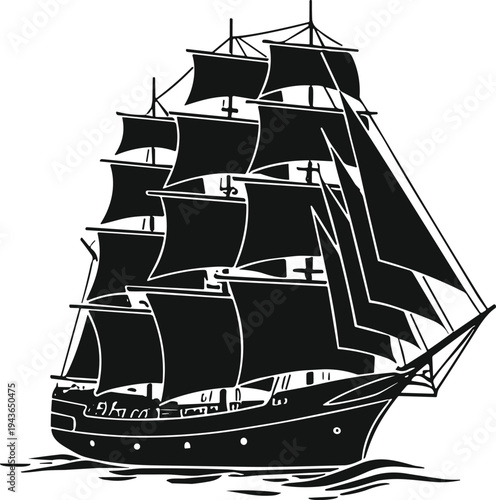 Vintage black silhouette of a large sailing ship with multiple masts, nautical vessel vector icon, classic clipper boat for maritime logo.