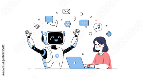 Collaborative AI and human teamwork with a friendly robot beside a coder at a laptop.
