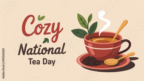 Cozy tea cup with steam on saucer and spoon for national tea day celebration with leaves