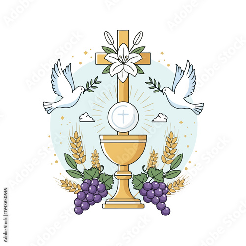 Religious symbols composition featuring cross, chalice, doves, grapes, and wheat