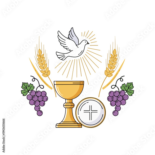 Religious illustration of symbols like a dove, chalice, and grapes