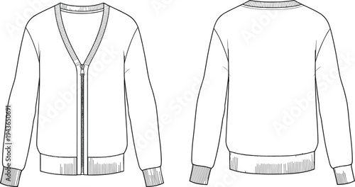 Technical fashion flat sketch of a women's V-neck zip-up cardigan sweater with ribbed cuffs and hem for apparel design and production mockup template