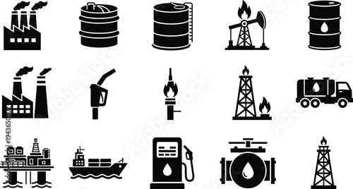 Comprehensive Set of Black Flat Vector Icons Representing Oil and Natural Gas Industry Infrastructure Extraction Refining Transportation Storage Gas Stations and Petroleum Fuel Processing