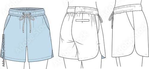 Technical Fashion Sketch of Women's Athletic Sport Shorts Featuring Elastic Drawstring Waistband Side Pockets and Curved Hem Outlines for Activewear Design and Tech Packs