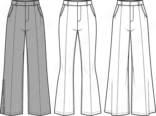 Technical Fashion Sketch Set of Women's High Waisted Trousers Featuring Wide Leg Flare and Straight Cut Pants Outlines for Apparel Design and Tech Packs