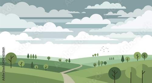 Simplified flat landscape with rolling hills, clouds, trees and birds