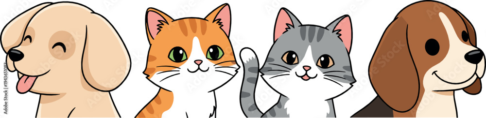 Fototapeta premium Cute Pet Heads Collection with Dogs and Cats Cartoon Animal Portraits Domestic Pets Vector Illustration Set Isolated on White Background