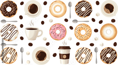 Coffee and donut breakfast collection with glazed donuts coffee cups beans sugar cubes and spoons dessert vector illustration set