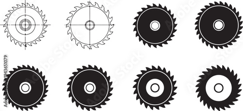 Eight different black and white saw blade designs on white background