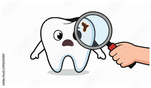 Cute tooth cavity magnifier cartoon dental vector illustration