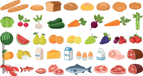 Food and Grocery Collection with Bread, Fruits, Vegetables, Dairy, Meat and Seafood Healthy Market Ingredients Vector Illustration Set