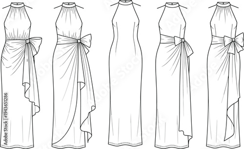Technical Flat Sketch of a Women's Halter Neck Maxi Evening Gown Featuring Side Draping with Bow Detail for Fashion Design Development and Tech Packs
