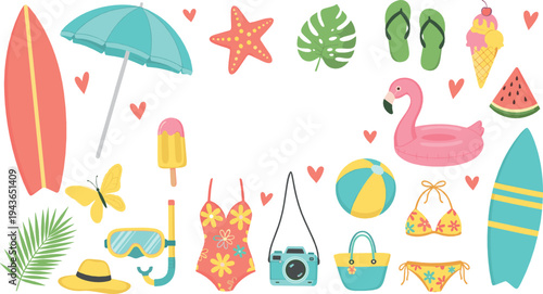 Summer Beach Vacation Elements Collection with Surfboards, Flamingo Float, Umbrella, Ice Cream, Flip Flops, Palm Leaves and Tropical Travel Icons Vector Set