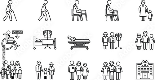 Line Icon Set Featuring Hospital Medical Care Elements With Elderly Patients Disabled People In Wheelchairs Healthcare Professionals Families Children And Clinic Building Symbols For Infographics