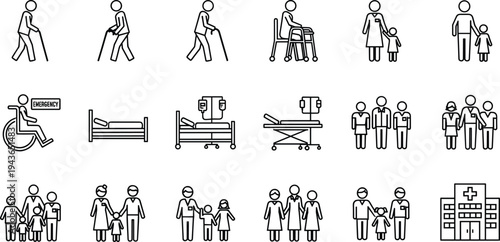Hospital and Healthcare Vector Icon Set Featuring Medical Staff Elderly Patients Disabled People in Wheelchairs Hospital Beds and Family Care in Thin Line Style