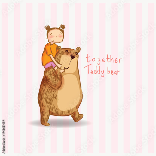 Cute adorable bear playing with young girl kawai hand drawn retro vintage character vector illustration. Funny bear for kids isolated on background.