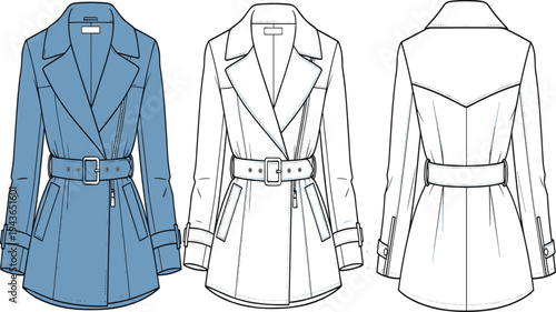 Technical Flat Sketch Vector Illustration of Women Belted Trench Coat Jacket with Zipper Details and Collar in Front and Back View for Fashion Design