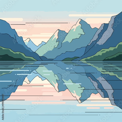 Stylized landscape of mountains reflected in a tranquil lake at sunset