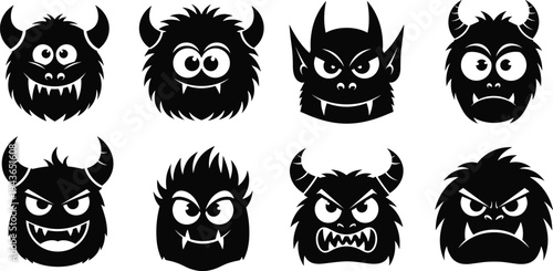 Collection of eight black monster head silhouettes with expressive faces, sharp teeth, and horns, ideal for Halloween graphics, gaming avatars, and spooky character icons.
