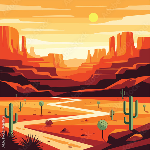 Stylized landscape of a desert canyon at sunset with cacti and path