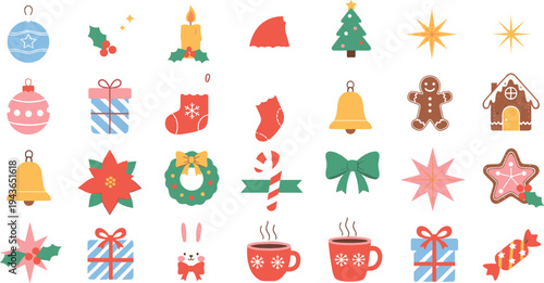 Christmas Holiday Icons Collection with Ornaments, Gifts, Stocking, Bell, Gingerbread Man, Hot Cocoa Cups and Festive Winter Decorations Vector Set