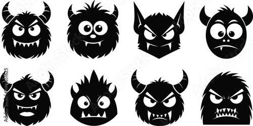 Set of eight black cartoon monster head silhouettes featuring various expressions, horns, and sharp teeth, perfect for Halloween icons, gaming avatars, or spooky graphic designs.