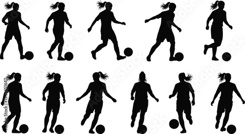 Set of black silhouettes showing a female professional soccer player in various athletic poses, dribbling, running, and kicking a ball for sports design elements.