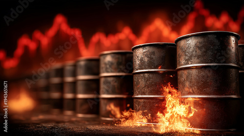 Crude Oil Barrels: A row of...