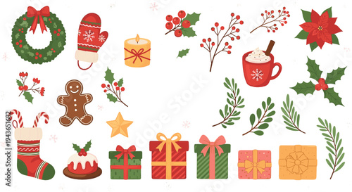 Christmas Holiday Elements Collection with Wreath, Gifts, Gingerbread Man, Candle, Mittens, Hot Cocoa and Festive Winter Decorations Vector Set