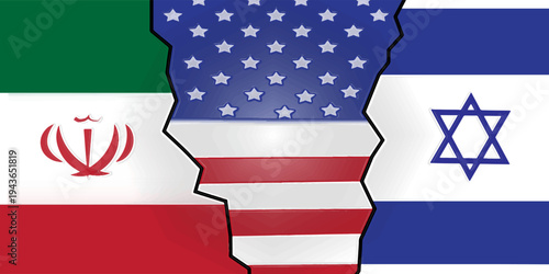 Flags of Iran, the USA, and Israel on a textured and cracked wall. Political conflict between Israel, Iran, and the United States. Concept of war, political conflict, and economic interests.