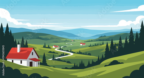 Stylized landscape rolling hills, houses, a winding road, and evergreen trees