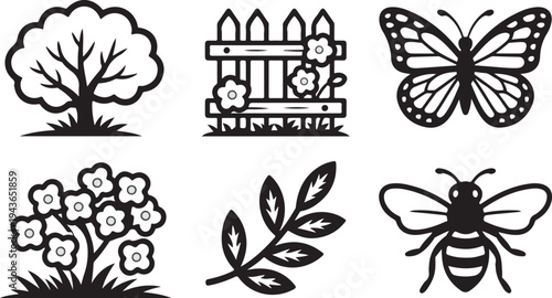 Black and white outline illustrations of a tree, fence, butterfly, flowering bush, leafy branch, and bee
