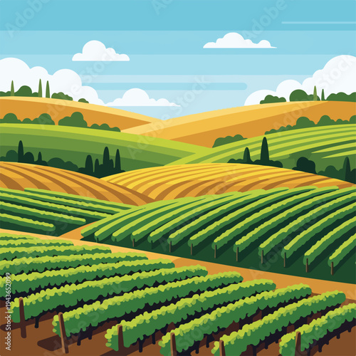 Stylized view of rolling hills with vineyards under a blue sky with clouds