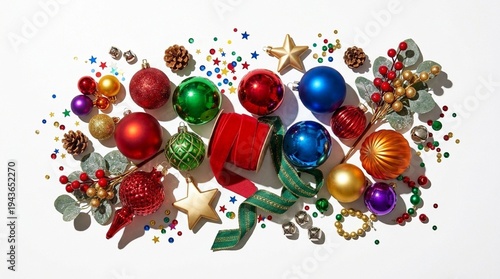Colorful Christmas ornaments and ribbon arranged on white background, festive holiday decoration with baubles pinecones and stars, cheerful celebratory mood