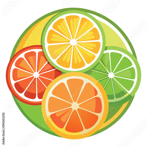 Vibrant Round Composition of Sliced Citrus Fruits Including Orange, Lemon, and Lime in Green, Yellow, and Orange Hues with Gradient Effects on white background