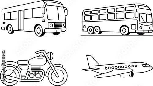 Public transportation and travel vehicle vector icon set for city tourism, logistics, and international commute service