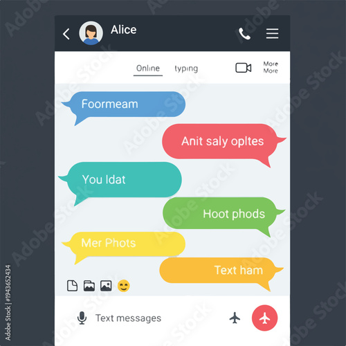 Text messaging interface, colorful speech bubbles. Dark background, chat app