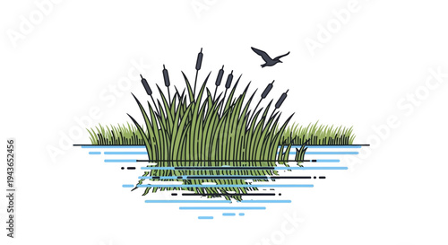 Serene wetland scene with cattails and bird.