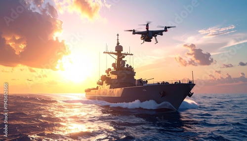 Modern Naval Warship with Drones Flying Over Ocean at Sunset PatrolOps