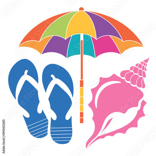 Colorful beach summer icons set with blue flip flops, rainbow umbrella, and pink seashell on white background