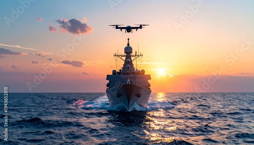 Modern Naval Warship with Drones Flying Over Ocean at Sunset PatrolOps
