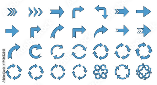 Collection of blue arrow icons in various directions on transparent background silhouette