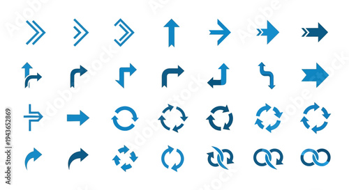 Collection of blue arrow icons in various directions on transparent background silhouette