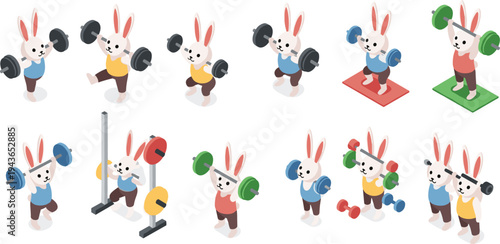 Cute Fitness Bunny Cartoon Vector Set with Rabbits Lifting Weights, Dumbbells, and Gym Workout Exercise Character Illustration
