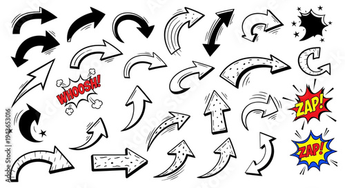 Collection of dynamic comic book arrows and effects on transparent background silhouette