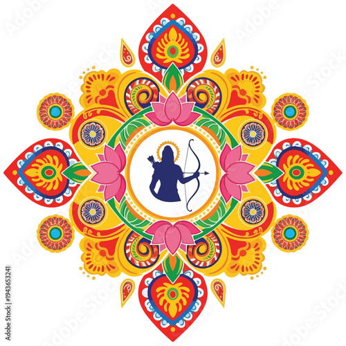 Colorful intricate circular design with a central archer figure