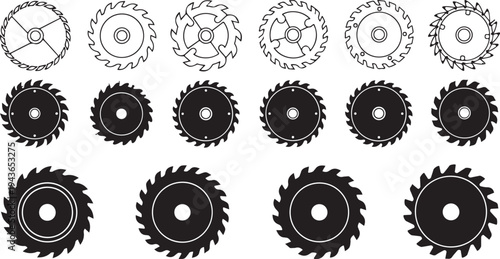 Collection of circular saw blades in various line art and solid black styles